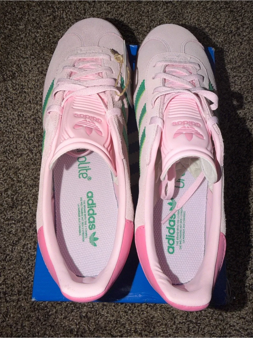 adidas Kids Pink Suede Sneakers with Green Stripes and Gum Sole